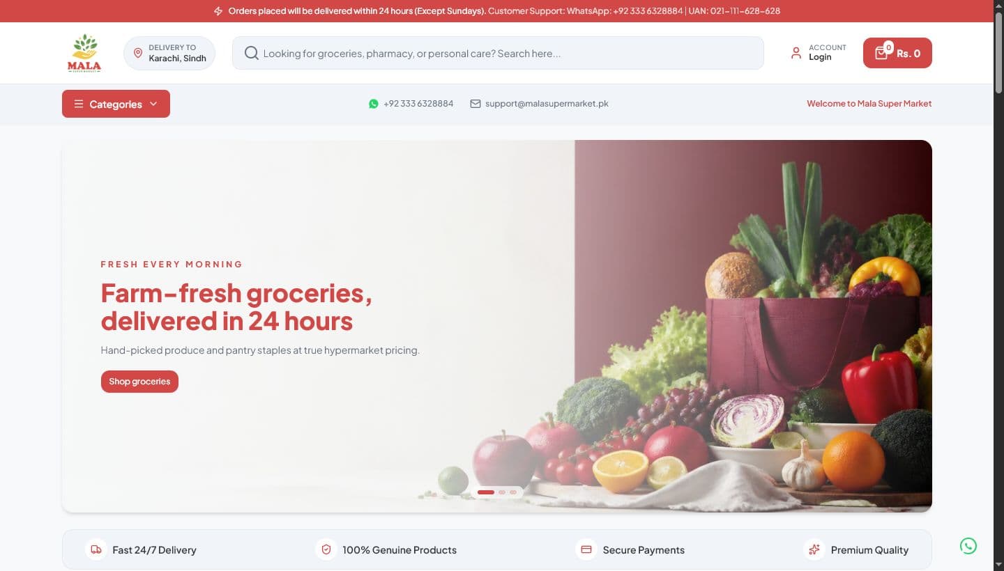 Mala Supermarket website landing page screenshot