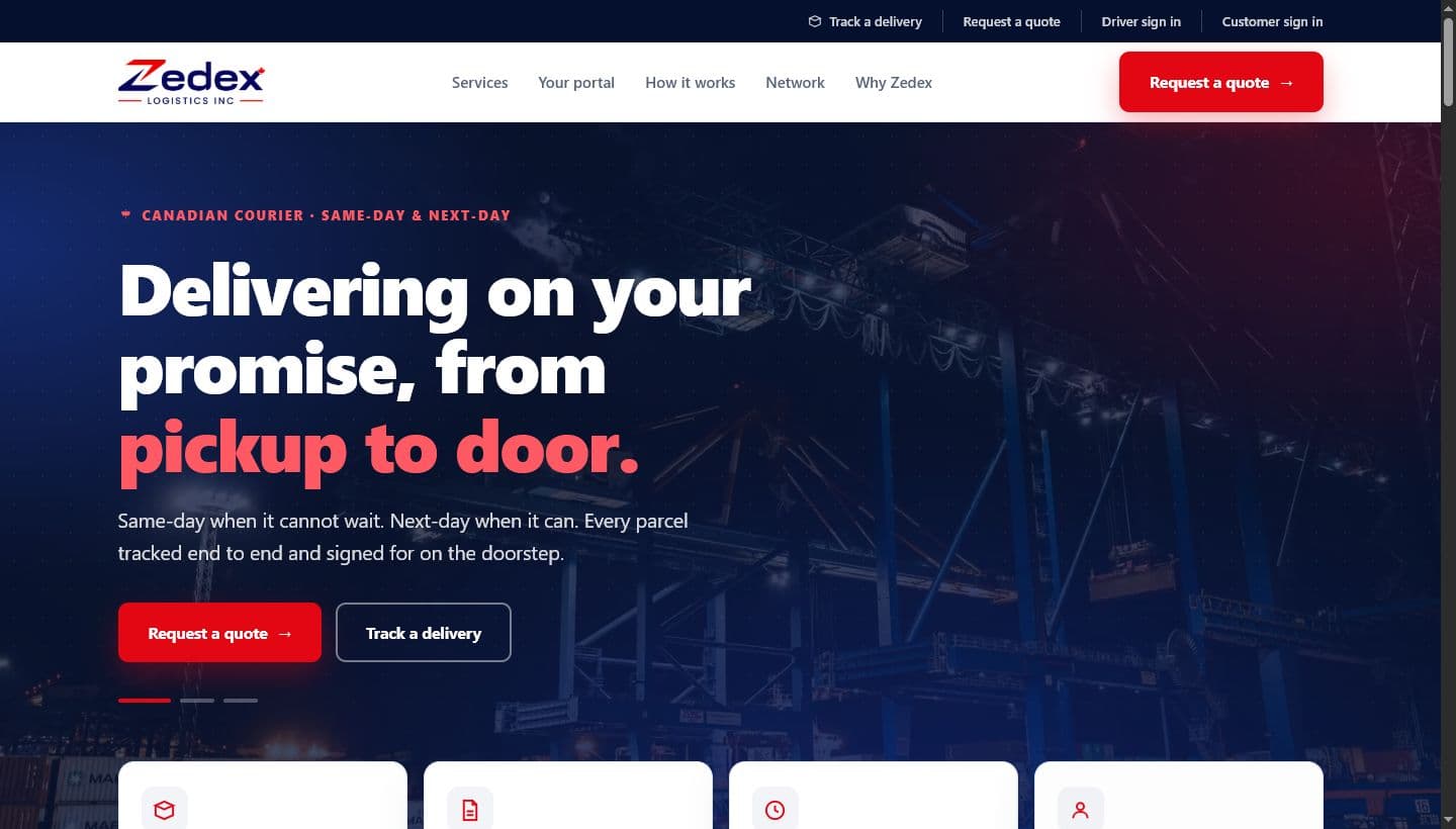 Zedex Logistics website landing page screenshot